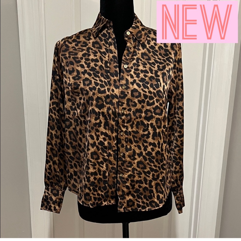 NWT, Talbots silky brown leopard print button shirt, gold buttons, PETITE